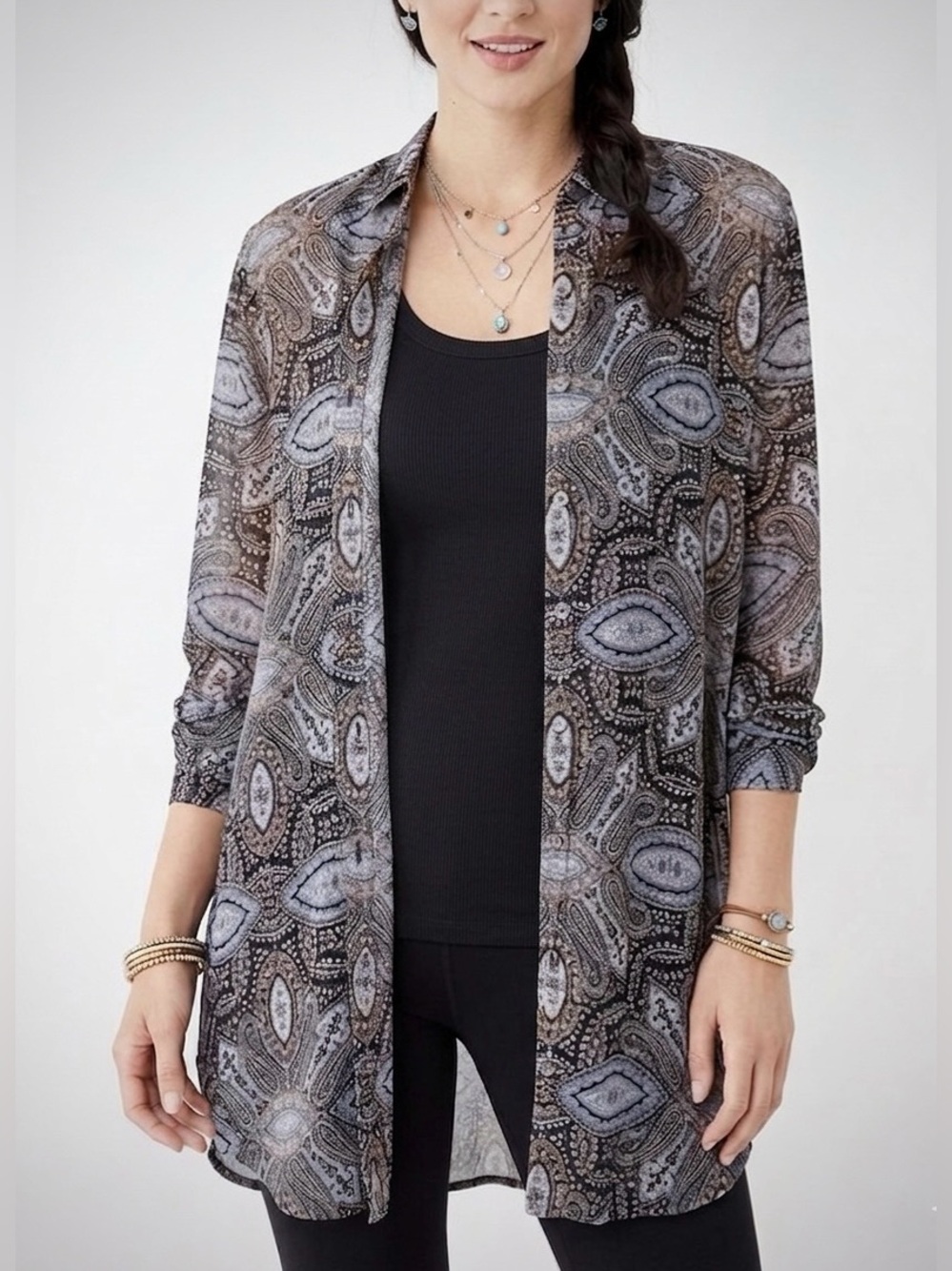 J.Jill Semi-Sheer Paisley Mandala Print Tunic Shirt Blouse - Size S